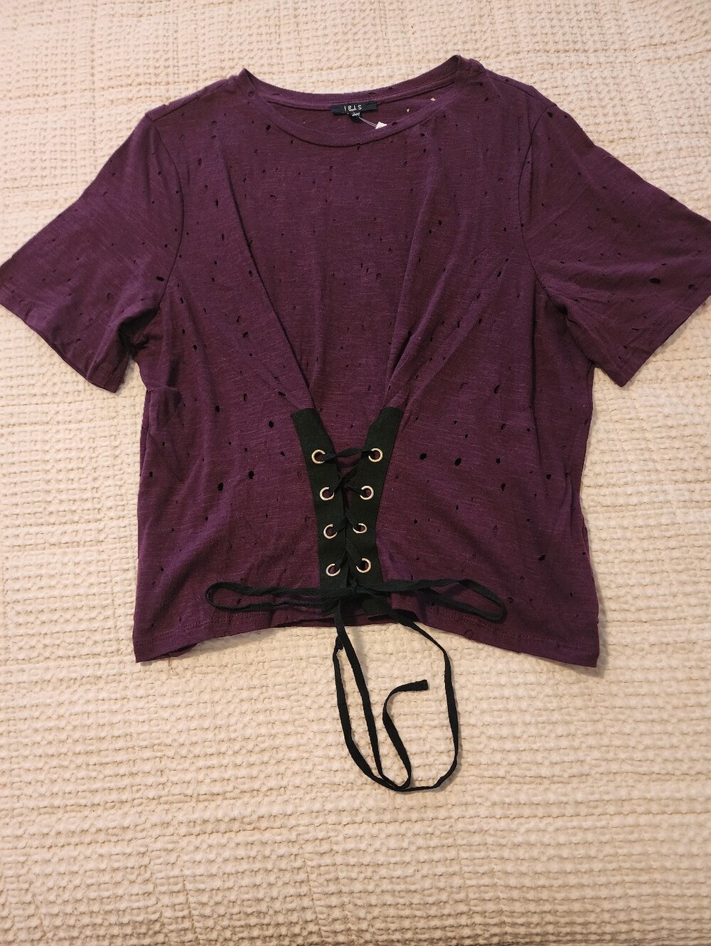 Iris Women's Plum Crop Tee with Black Lace-Up Corset Detail 2X NWT Cotton